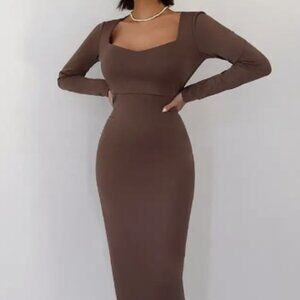 Women’s High-Waisted Midi Sheath Dress – Mocha